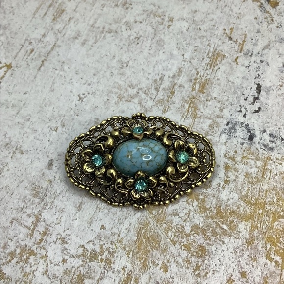 Vintage Czech Glass Brass and Rhinestone Brooch - Picture 3 of 6